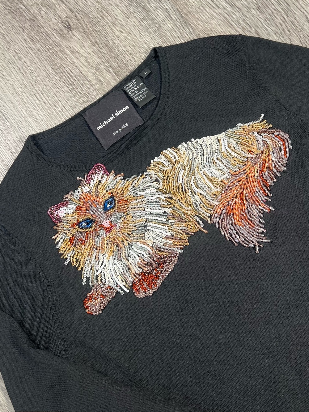 Vintage Michael Simon Cat embroidered Beaded Silk Cotton top sweater shirt  L